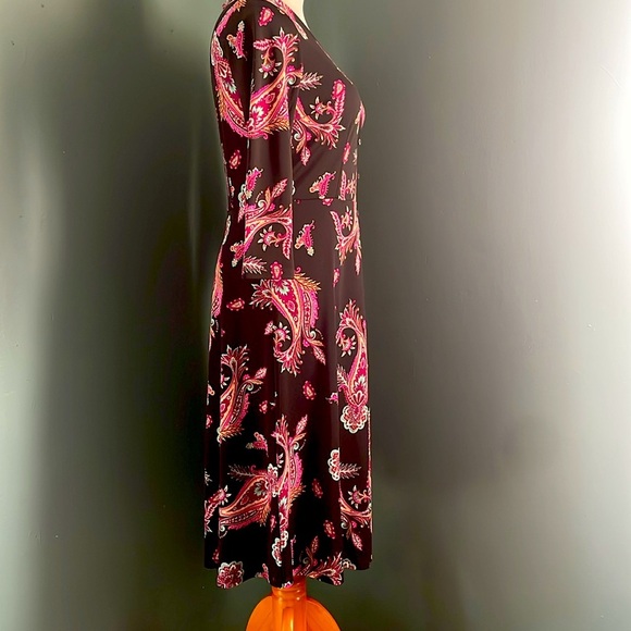 Talbots Black and Pink Sheath Midi Dress V-Neck 3/4 Sleeve - Picture 3 of 7